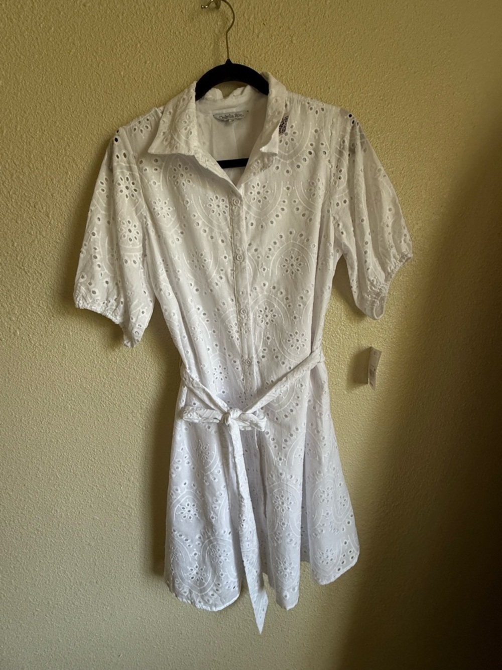 White Eyelet Tie-Waist Mini Dress - Picture 2 of 6